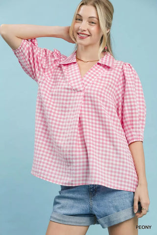 Umgee Gingham Puff Sleeve Collared Blouse in Pink - Glamourous Grace