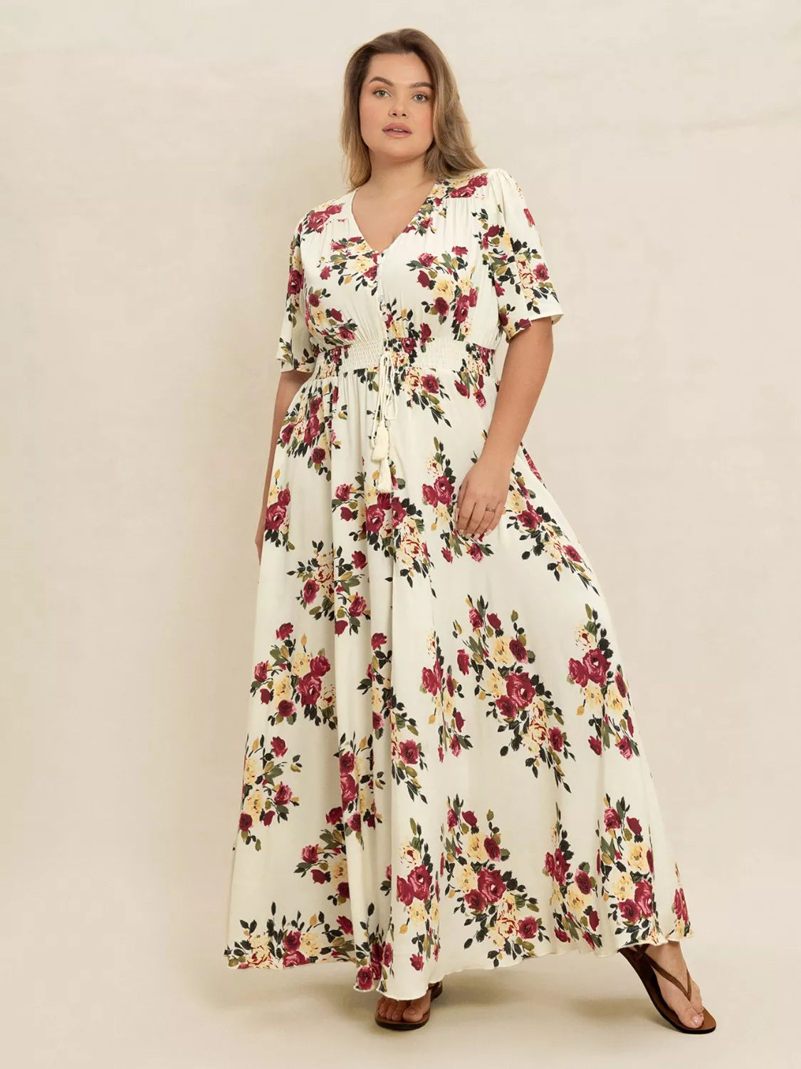 Plus Size Floral Flutter Sleeve Maxi Dress with Button Front - Glamourous Grace