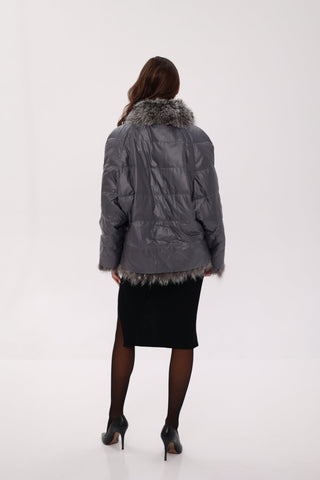 Reversible Genuine Silver Fox  Down Fill Coat in Grey