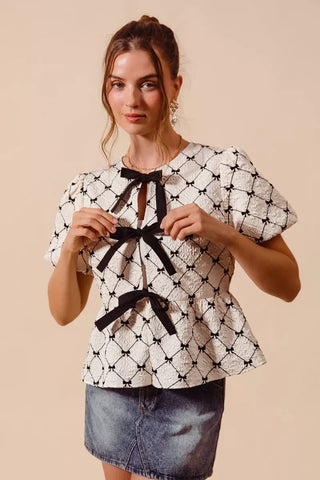 SO ME Bow Texture Woven Peplum Top With Contrast Tie - Glamourous Grace