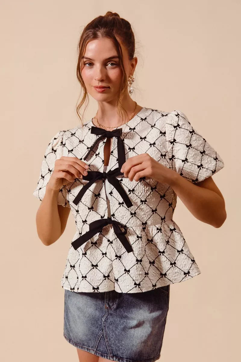 SO ME Bow Texture Woven Peplum Top With Contrast Tie - Glamourous Grace