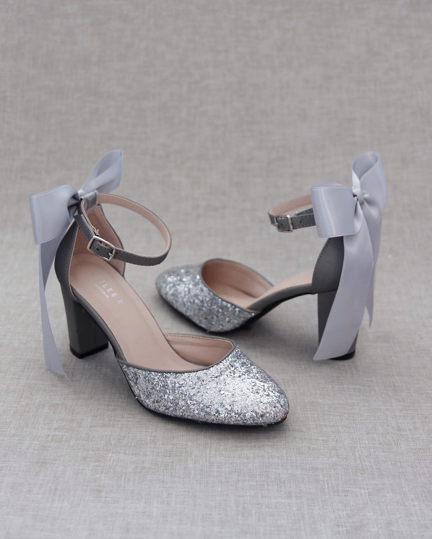 Rock Glitter Block Heel with Back Satin Bow