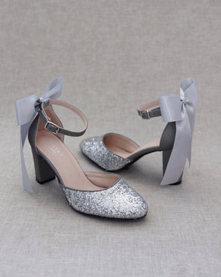 Rock Glitter Block Heel with Back Satin Bow