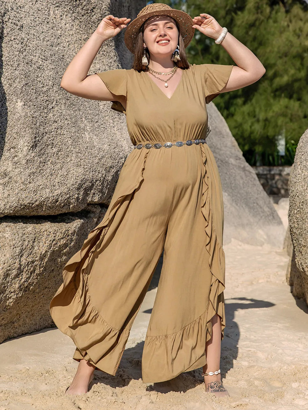Plus Size Slit Ruffled V-Neck Jumpsuit - Glamourous Grace