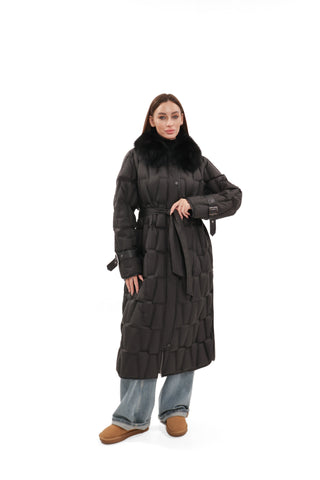 Riley Genuine Fur Trim Down Fill Coat in Black