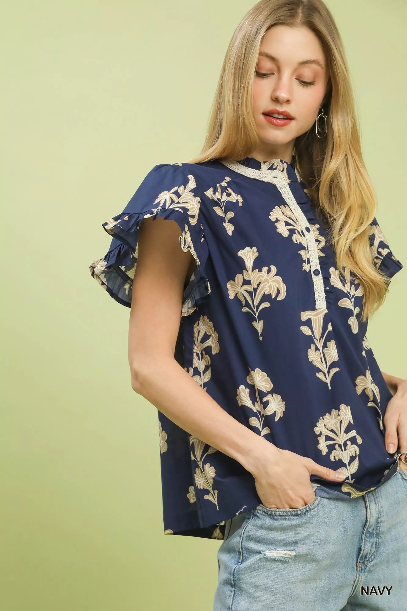 Umgee Floral Ruffle Sleeve Split-Neck Top - Glamourous Grace