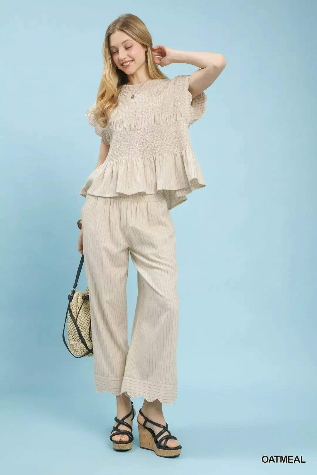 Umgee Pinstripe Smocked Peplum Top - Glamourous Grace