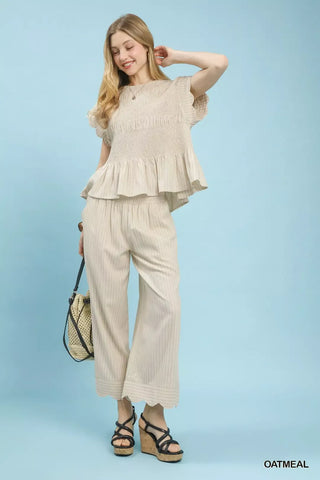 Umgee Pinstripe Smocked Peplum Top - Glamourous Grace