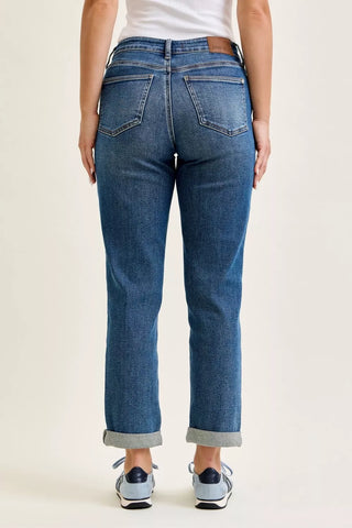 Judy Blue Mid Rise Embroidered Repair Patch Boyfriend Denim Jeans 881071