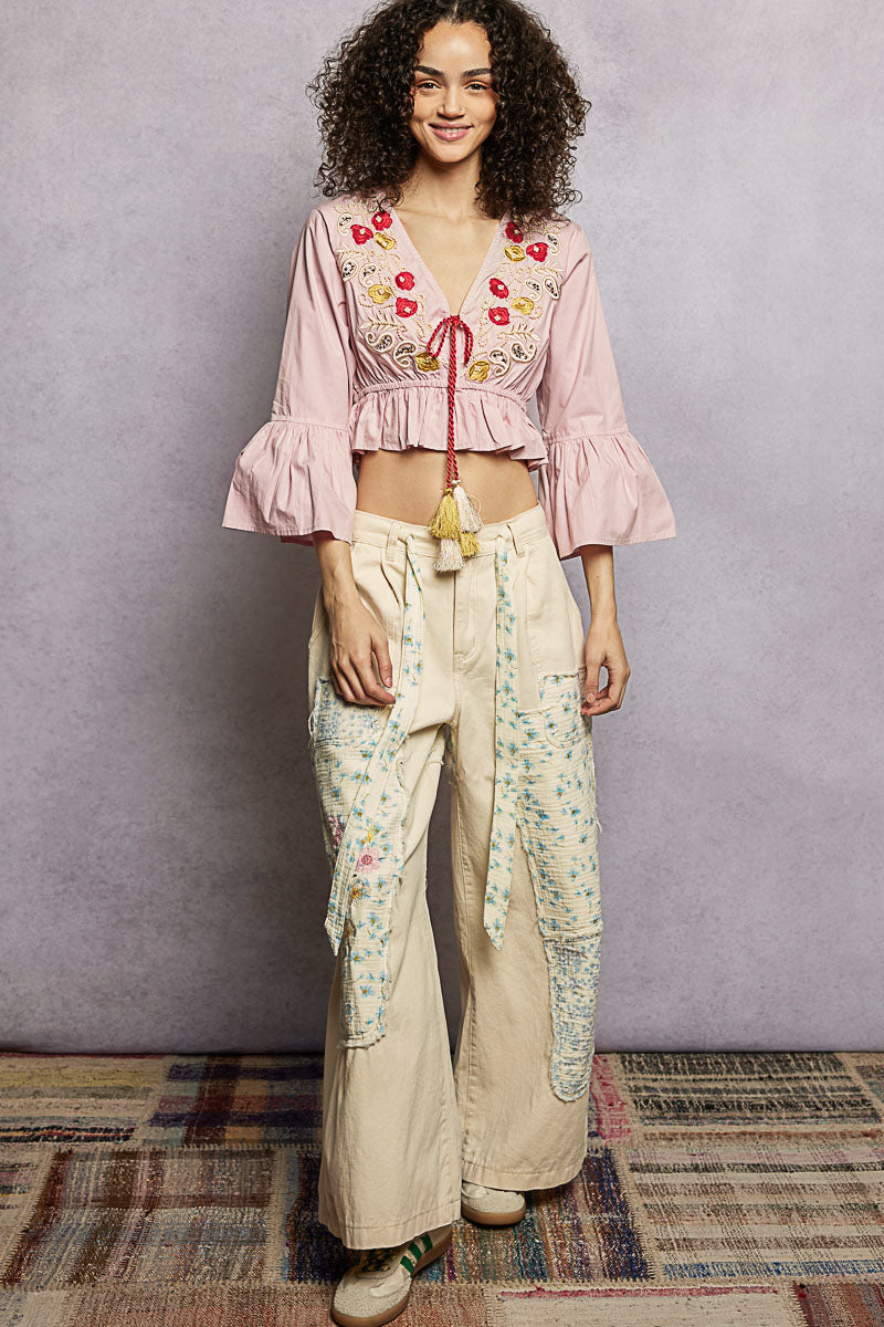 POL Floral Embroidered Cropped Blouse with Flared Ruffle Sleeves - Glamourous Grace