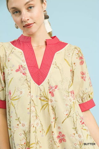 Umgee Floral Puff Sleeve Dress with Contrast Trim - Glamourous Grace