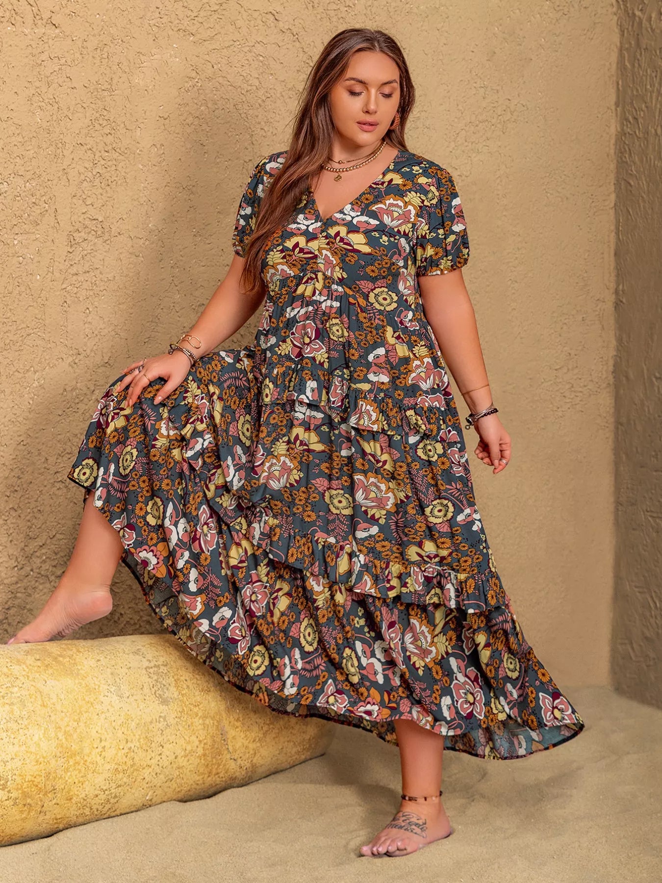 Plus Size V-Neck Short Sleeve Midi Dress - Glamourous Grace