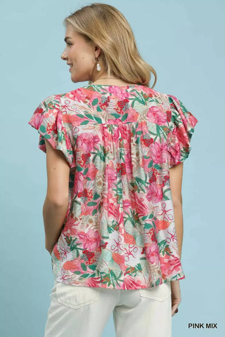 Umgee Mix Tropical Print Blouse with Ruffle Cap Sleeves - Glamourous Grace