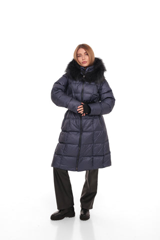 Cyrus Genuine Fur Trim Down Fill Coat in Navy