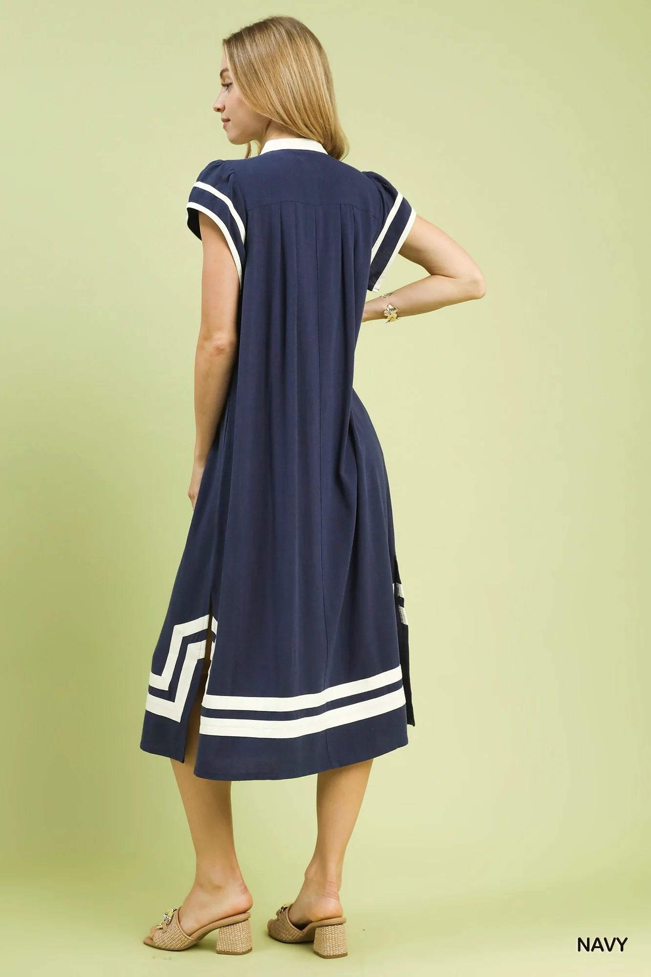 Umgee Linen Cotton Contrast Neckline Midi Dress in Navy - Glamourous Grace