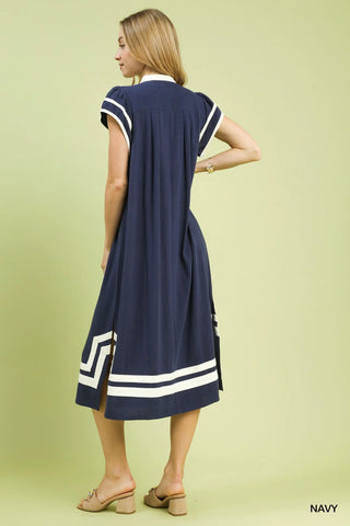 Umgee Linen Cotton Contrast Neckline Midi Dress in Navy - Glamourous Grace