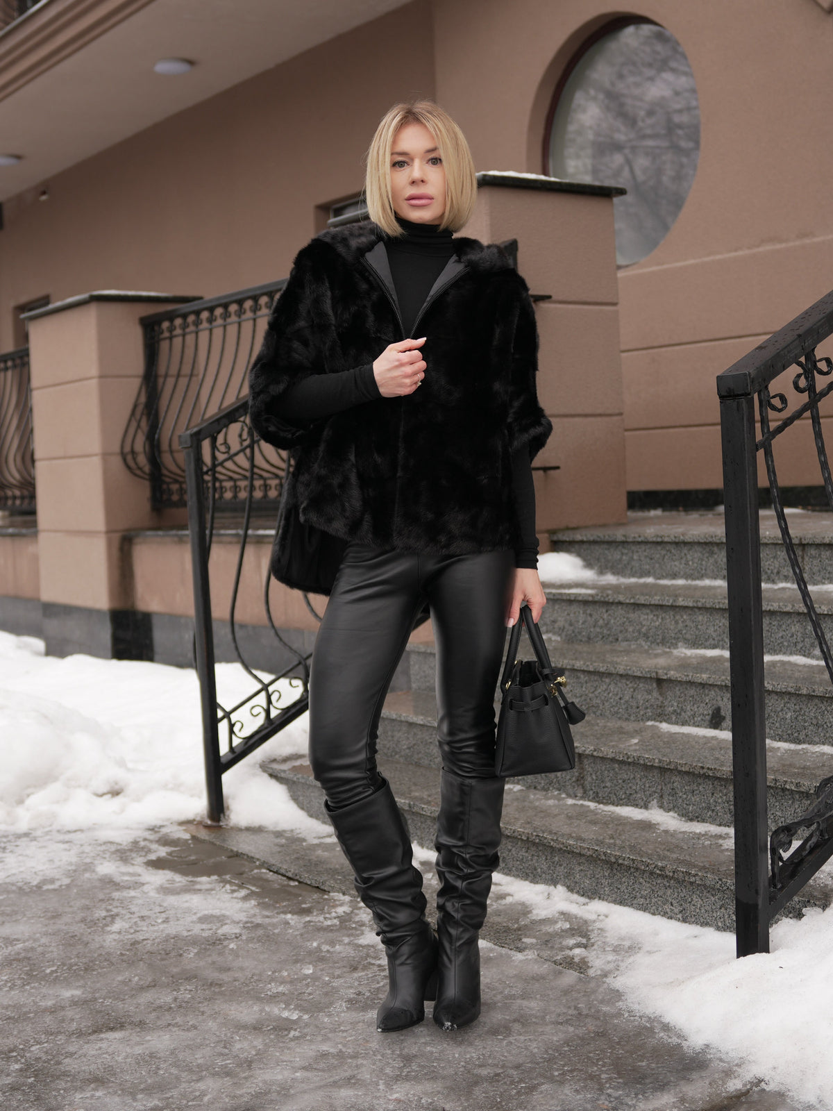 Genuine Scandinavian Mink Fur Poncho with Fully Lined Mink Hood