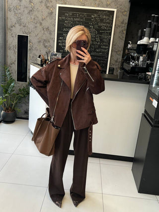 Dakota Eco Suede Aviator Jacket in Chocolate