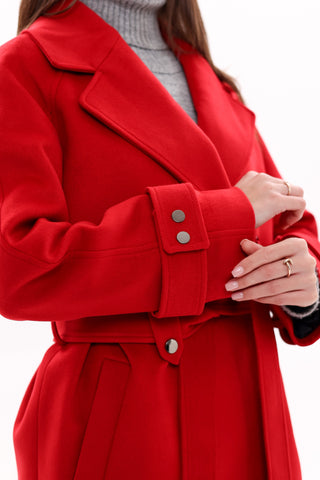 Karina Belted Wool Cashmere Blend Overcoat in Ruby