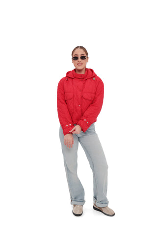 Studded Light Demi-Season Hooded Cropped Jacket in Red