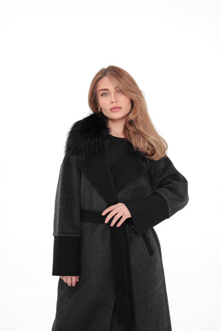 Boston Genuine Silver Fox Cashmere Blend Double-Face Coat in Graphite