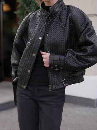 Marlowe Braided Genuine Leather Jacket in Black