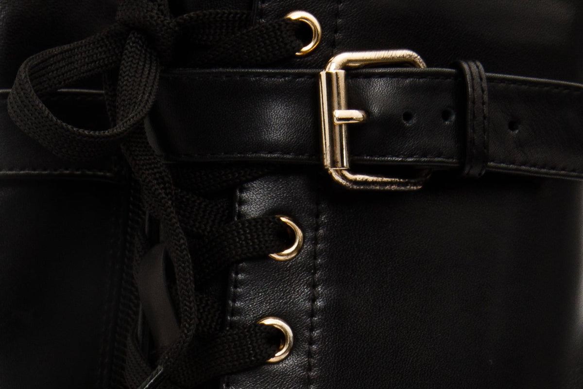 The Estrada Black Leather Lace-Up Platform Heel Mid Calf Women Boot