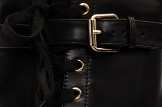 The Estrada Black Leather Lace-Up Platform Heel Mid Calf Women Boot