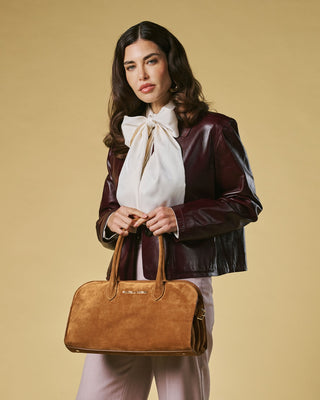 Chiara (cognac) - Italian calf suede women's handbag (with shoulder strap) - Glamourous Grace