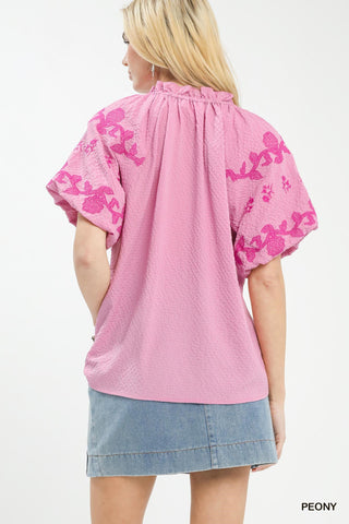 Umgee Embroidered Textured Flutter Sleeve Top - Glamourous Grace