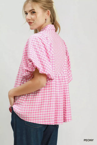Umgee Smocked Yoke Puff Sleeve Gingham Blouse in Peony - Glamourous Grace