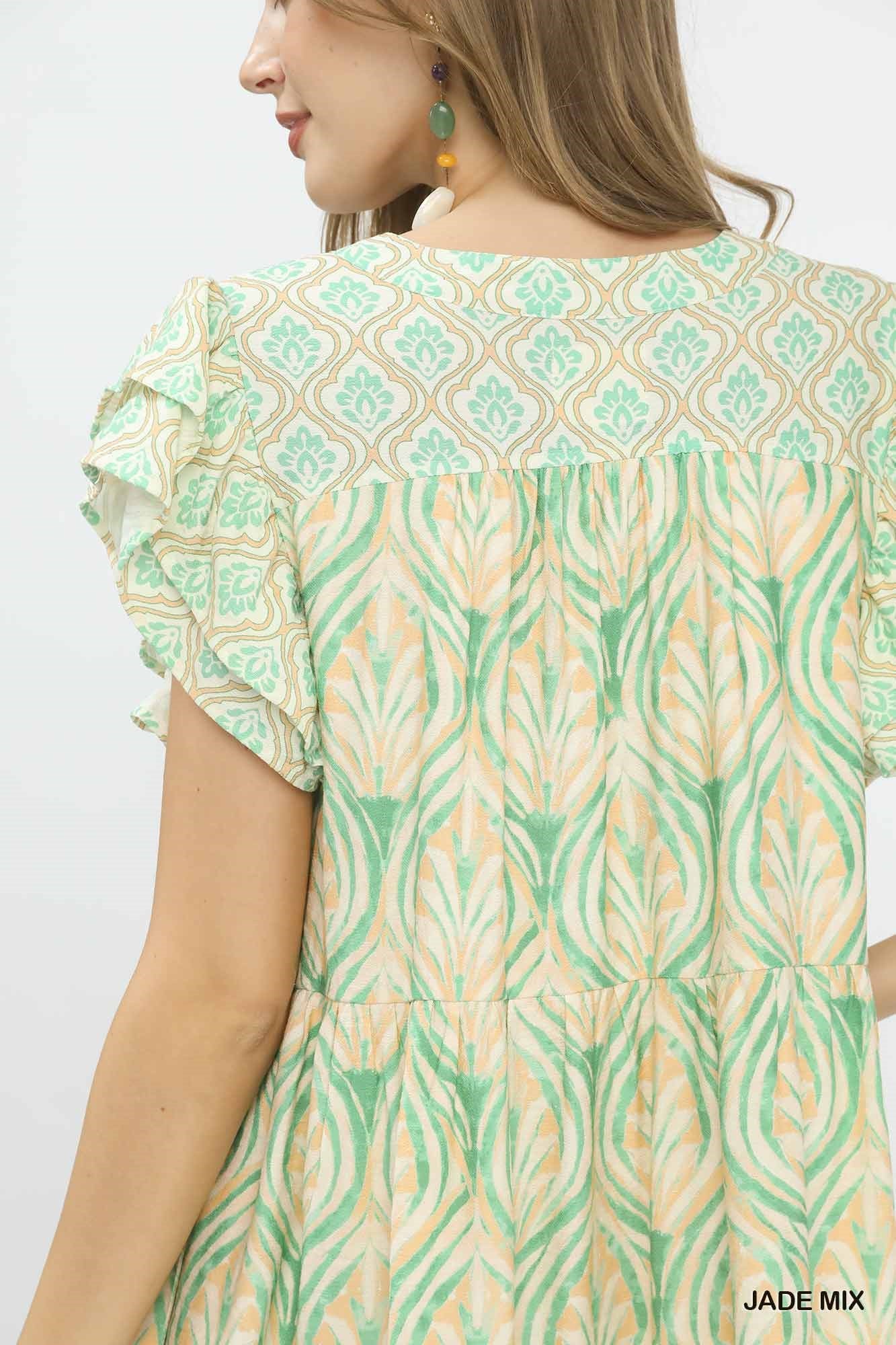 Umgee Mix Printed Flutter Sleeve Dress - Glamourous Grace