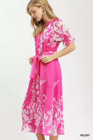 Umgee Floral Print Tie Waist Midi Dress with Side Pockets - Glamourous Grace