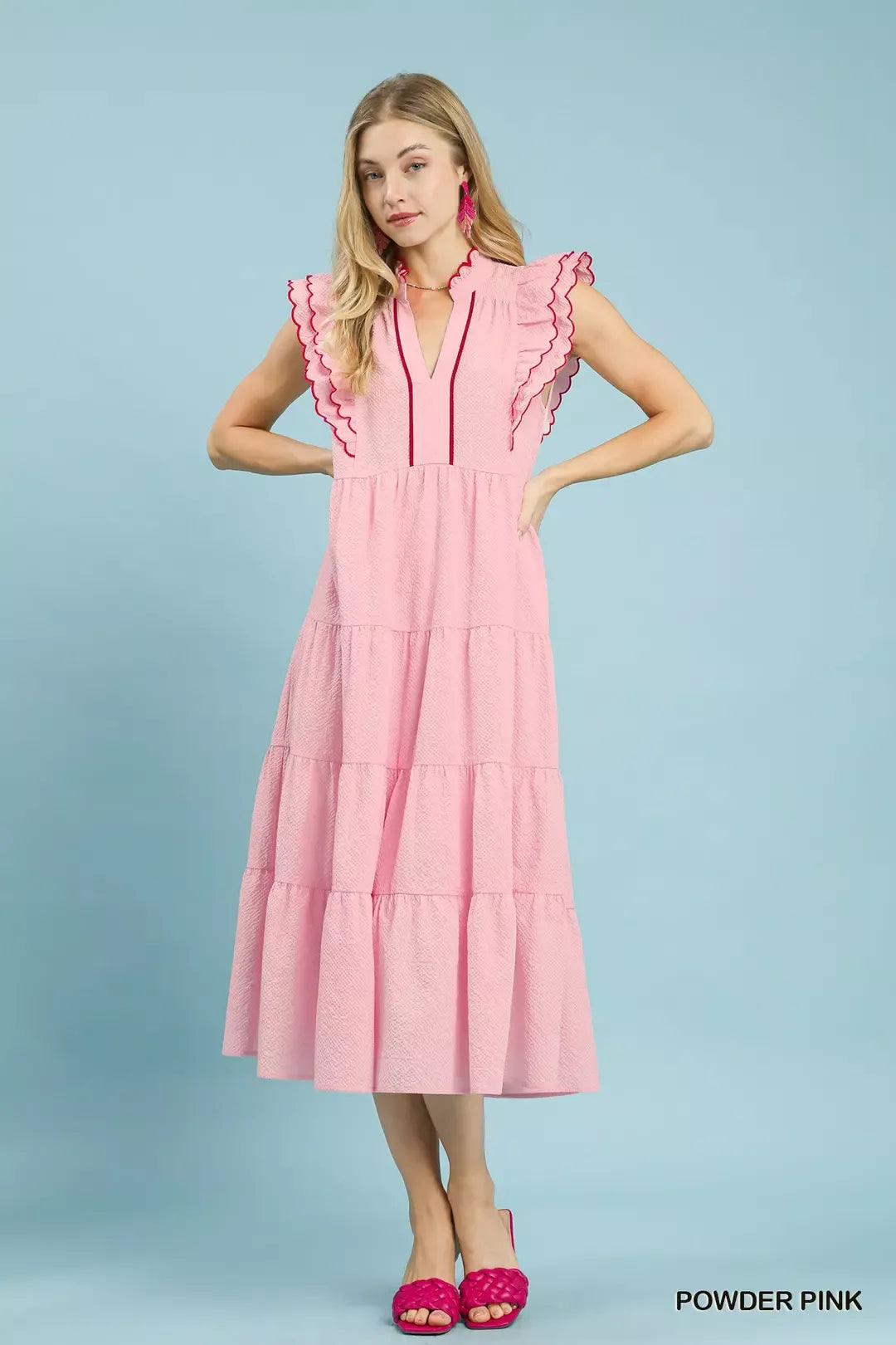 Umgee Seersucker Ruffle Sleeve Tiered Midi Dress - Glamourous Grace