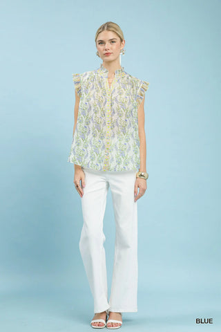 Umgee Floral Print Flutter Sleeve Split Neck Top - Glamourous Grace