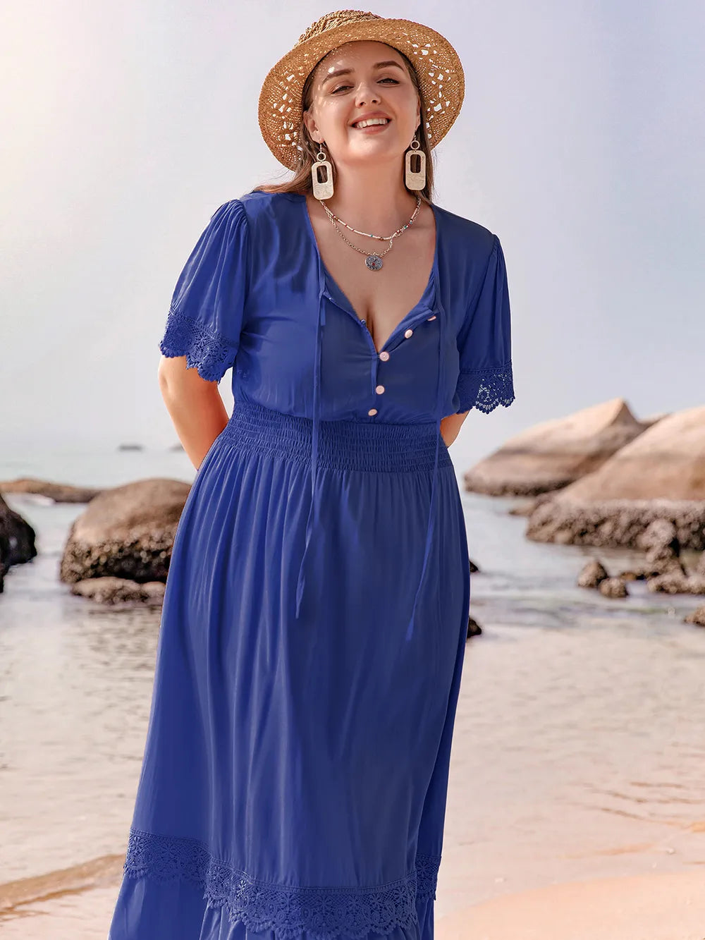Plus Size Lace Detail Tie Neck Short Sleeve Maxi Dress - Glamourous Grace