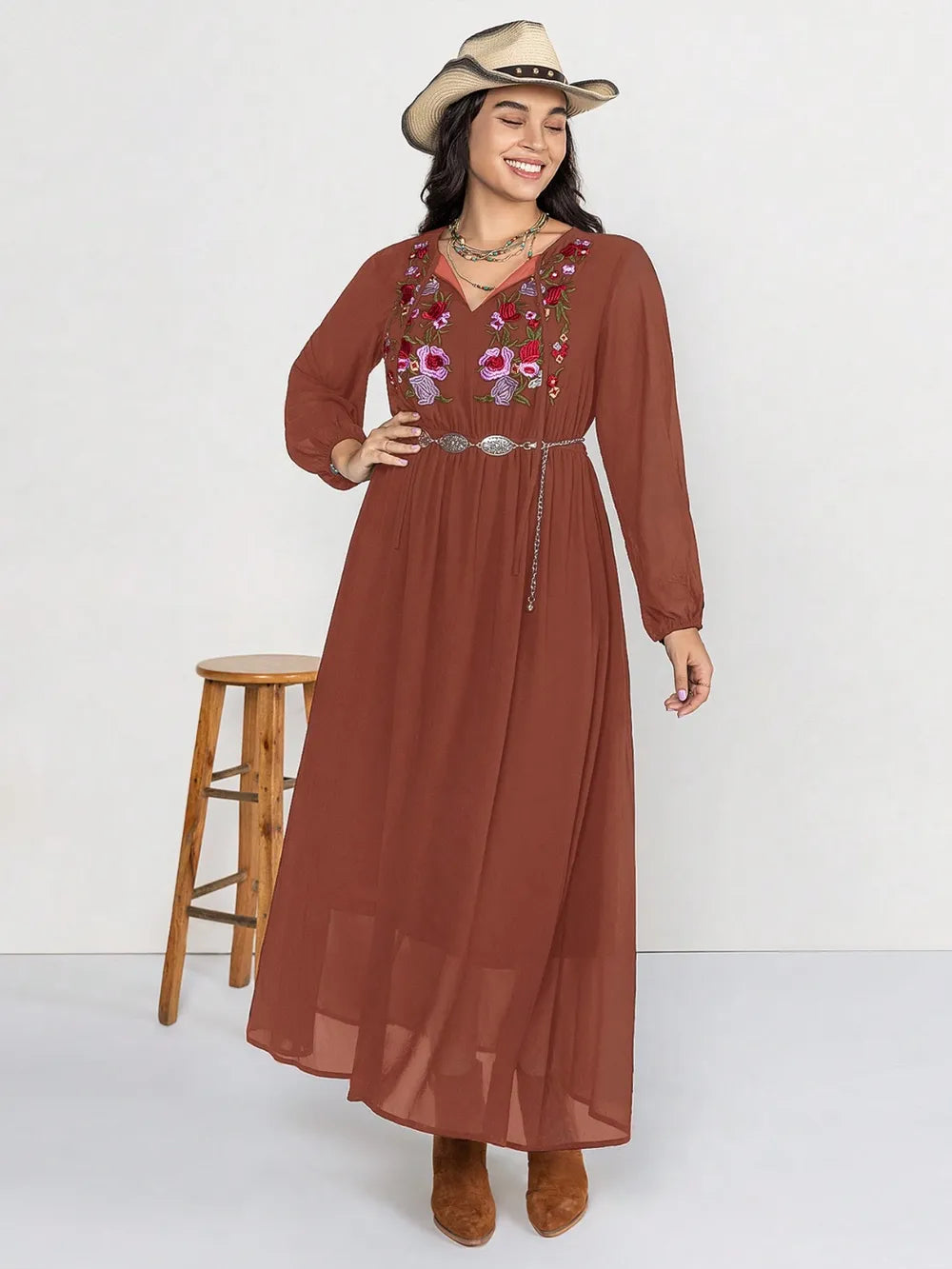 Plus Size Embroidered Tie Neck Long Sleeve Dress - Glamourous Grace