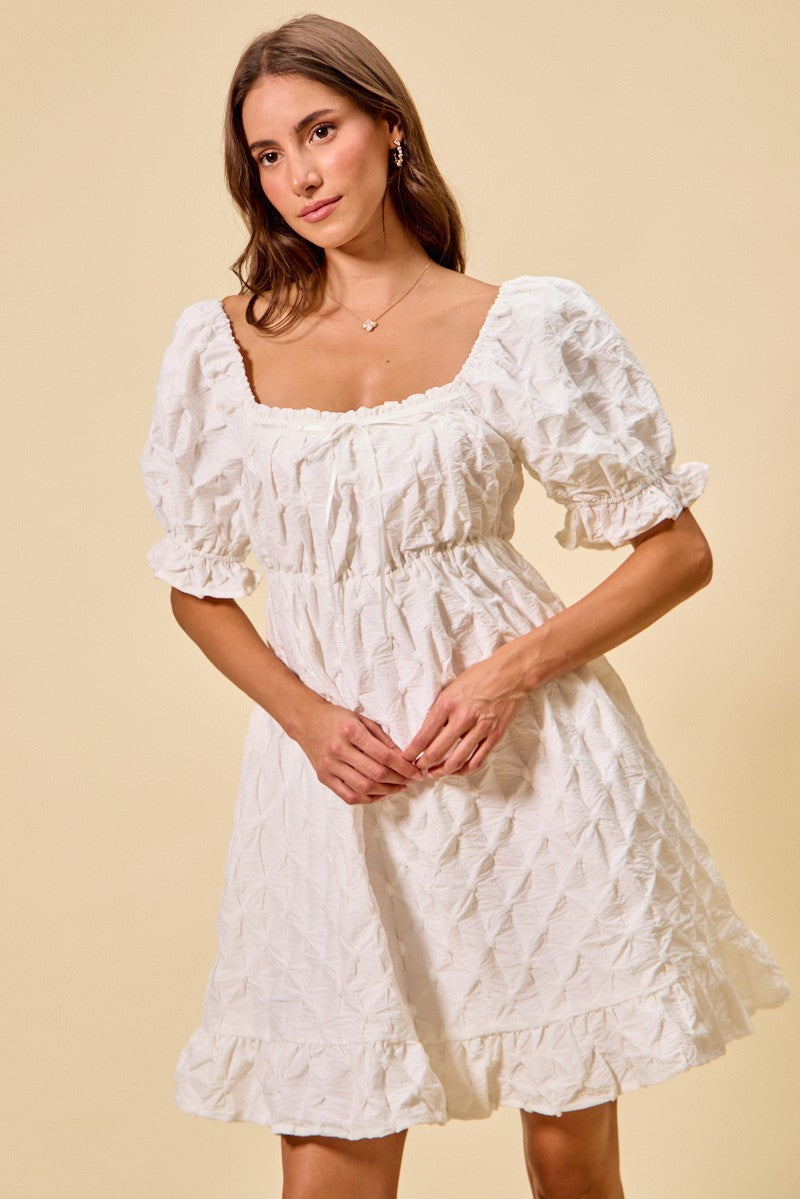 SO ME Texture Woven Ruching On Bust Mini Dress in White - Glamourous Grace