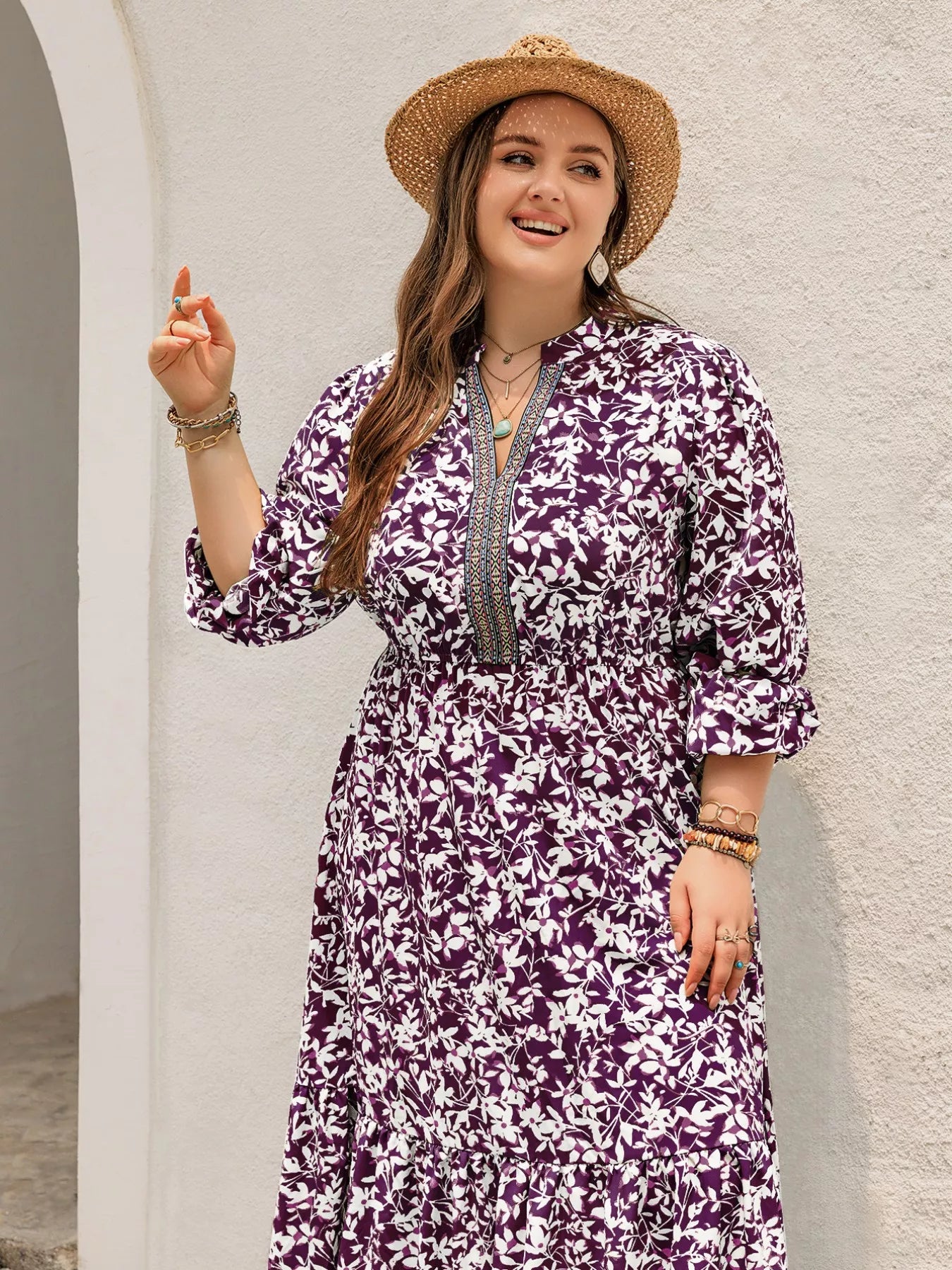 Plus Size Floral Print Maxi Dress with Long Sleeves - Glamourous Grace