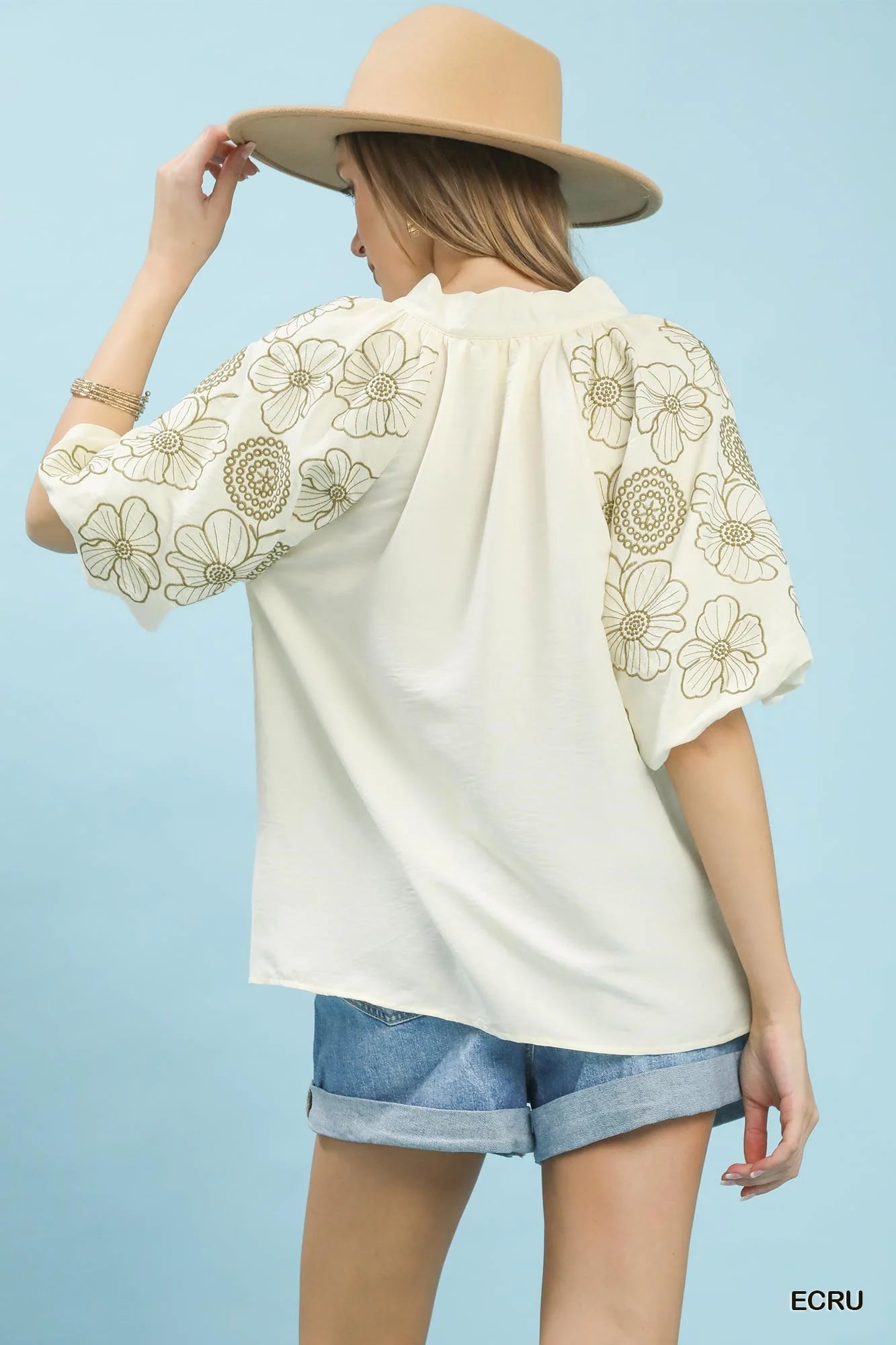 Umgee Embroidered Sleeve V-Neck Boho Blouse - Glamourous Grace