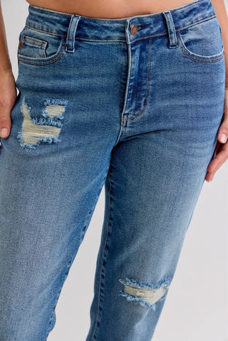 Judy Blue Mid Rise Patch & Repair Destroy Release Hem Boyfriend Jeans