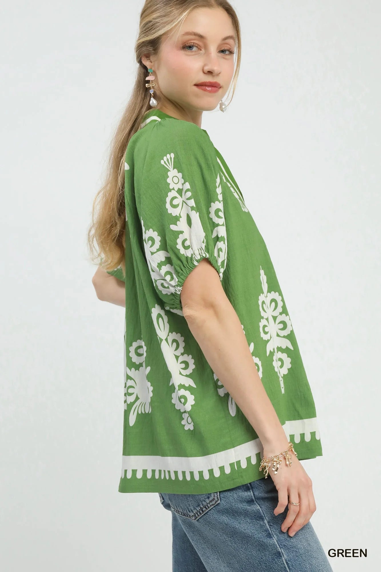 Umgee Boho Print Split-Neck Short Sleeve Top - Glamourous Grace