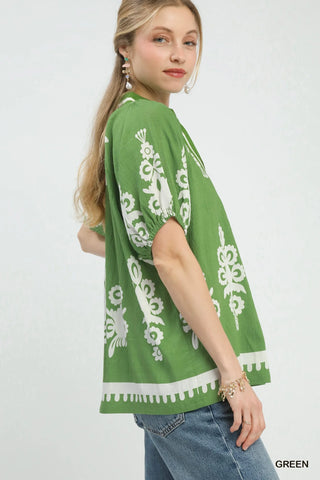 Umgee Boho Print Split-Neck Short Sleeve Top - Glamourous Grace