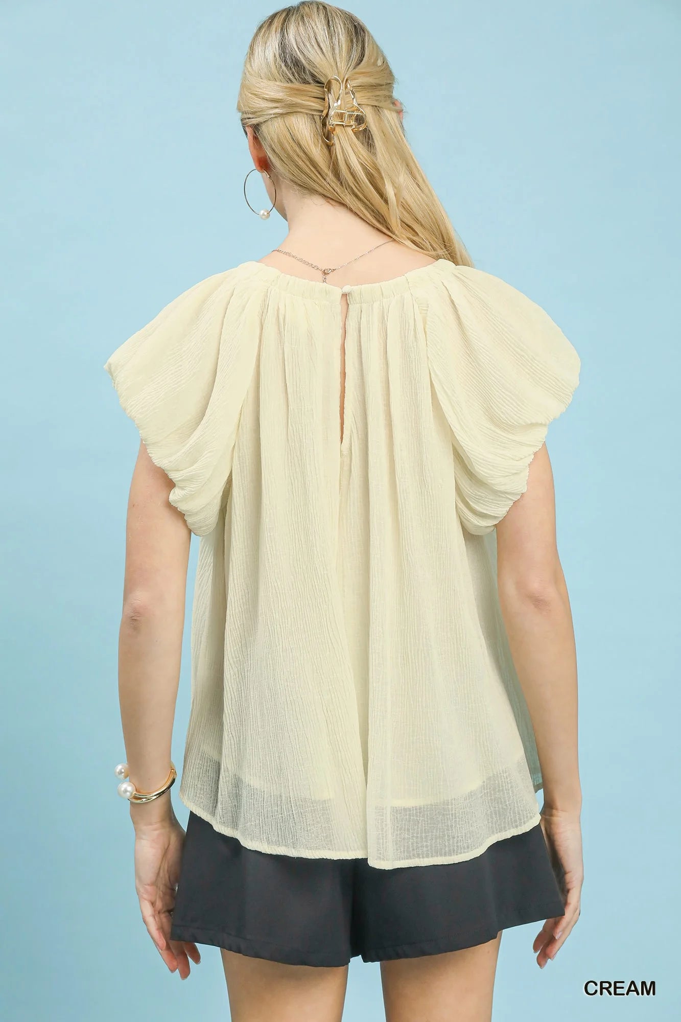 Umgee Crinkle Flutter Sleeve Peasant Top in Cream - Glamourous Grace