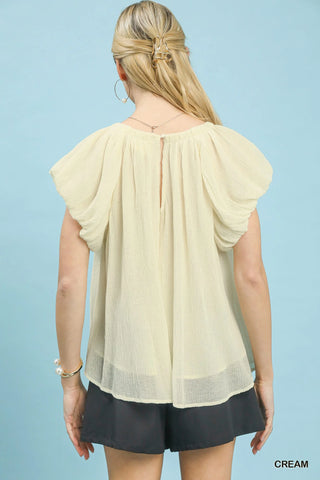 Umgee Crinkle Flutter Sleeve Peasant Top in Cream - Glamourous Grace