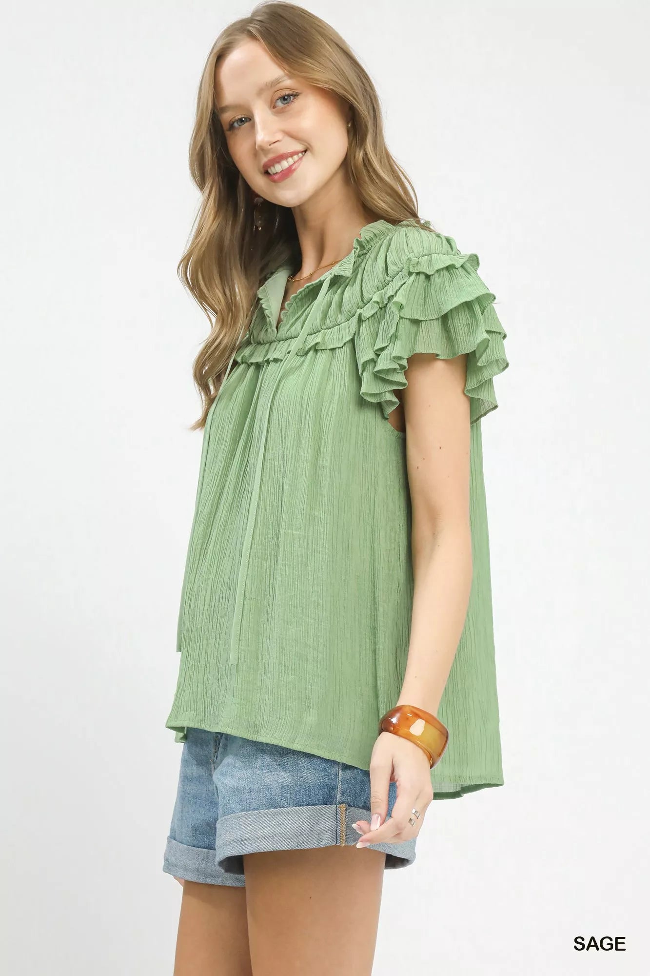 Umgee Ruffled Flutter Sleeve Textured Blouse - Glamourous Grace