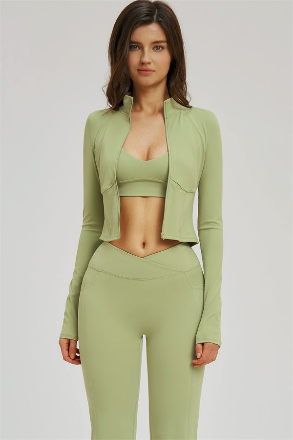 The Sizzle Zip Jacket Sports Bra Flared Leggings 3-Piece Set - Glamourous Grace