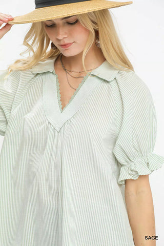 Umgee Pinstripe V-Neck Ruffle Sleeve Blouse - Glamourous Grace