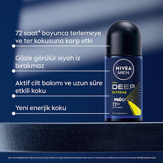 Nivea Men Deep Extreme Roll-on Deodorant for Active Men - Long Lasting Anti-Perspirant Protection, 72 Hours Sweat Control, Active Carbon Formula - Glamourous Grace