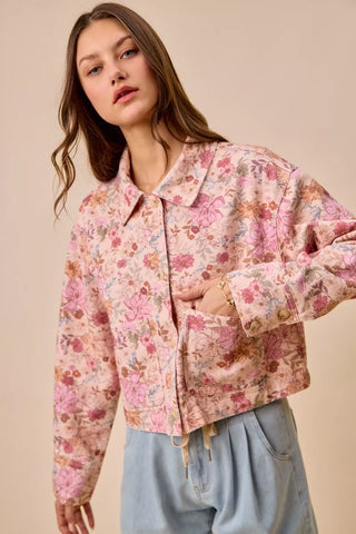 SO ME Floral Print Cotton Twill Button Down Barn Jacket - Glamourous Grace